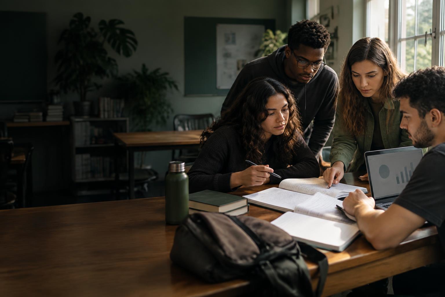 Estudantes analisando materiais de estudo juntos